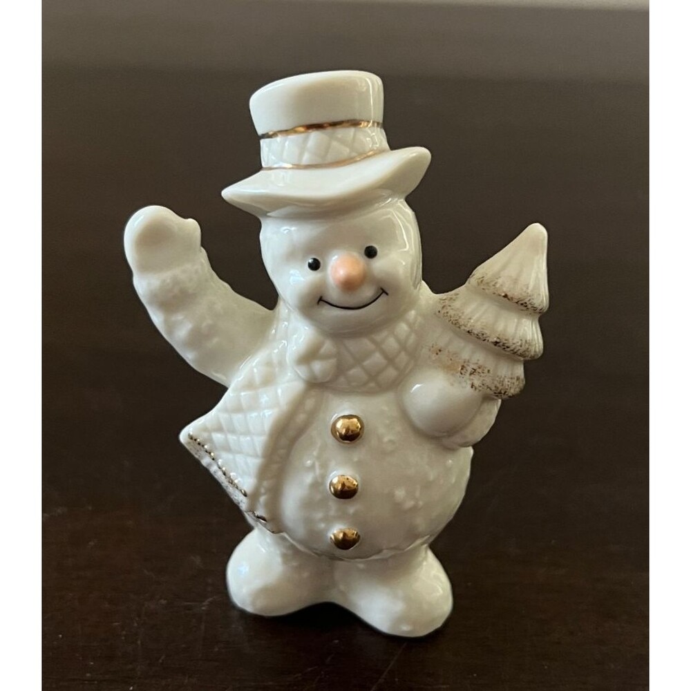 Lenox Christmas Figurine Snowman Waving With Christmas Tree Ivory Gold Trim 3.5"